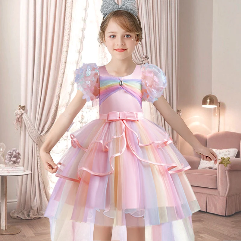 Vestido de menina bordado de renda, vestidos infantis para casamentos, vestido de aniversário infantil, botão, manga puff, vestido de gala