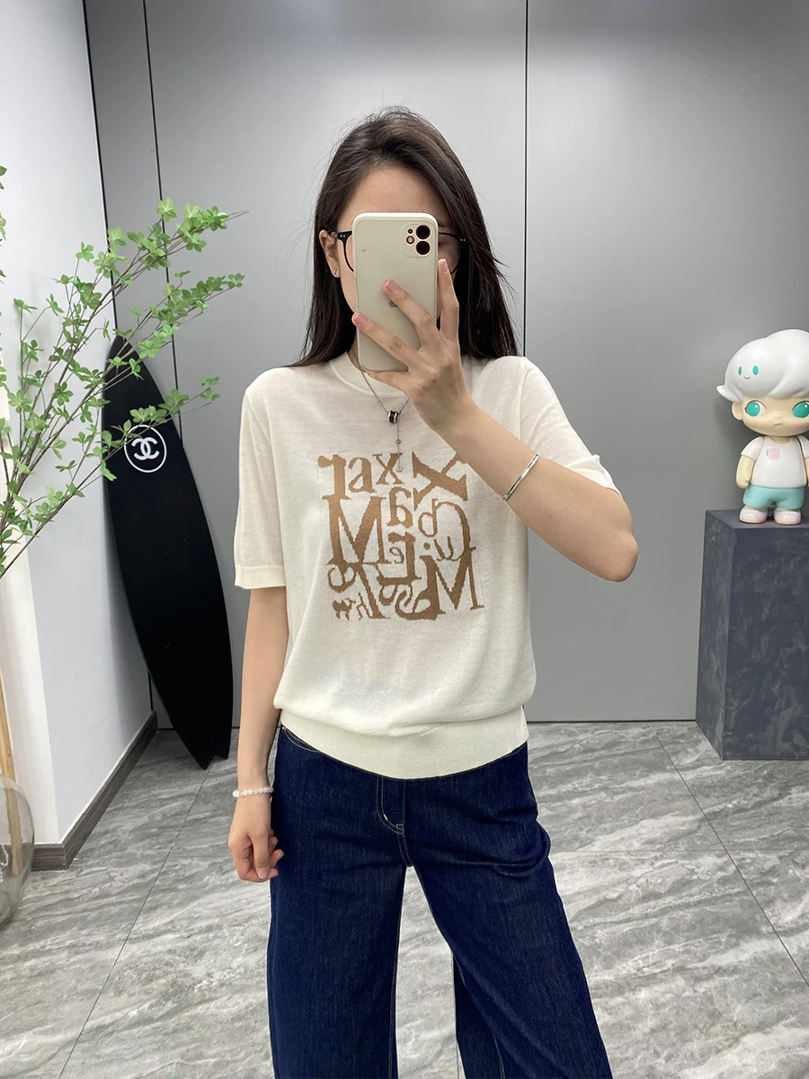 

Mxa Home Wool 00% Knitted ort Sve Crew Ne Casual All-Match T-irt Women's round Ne Pullover Letter Embroidery Top