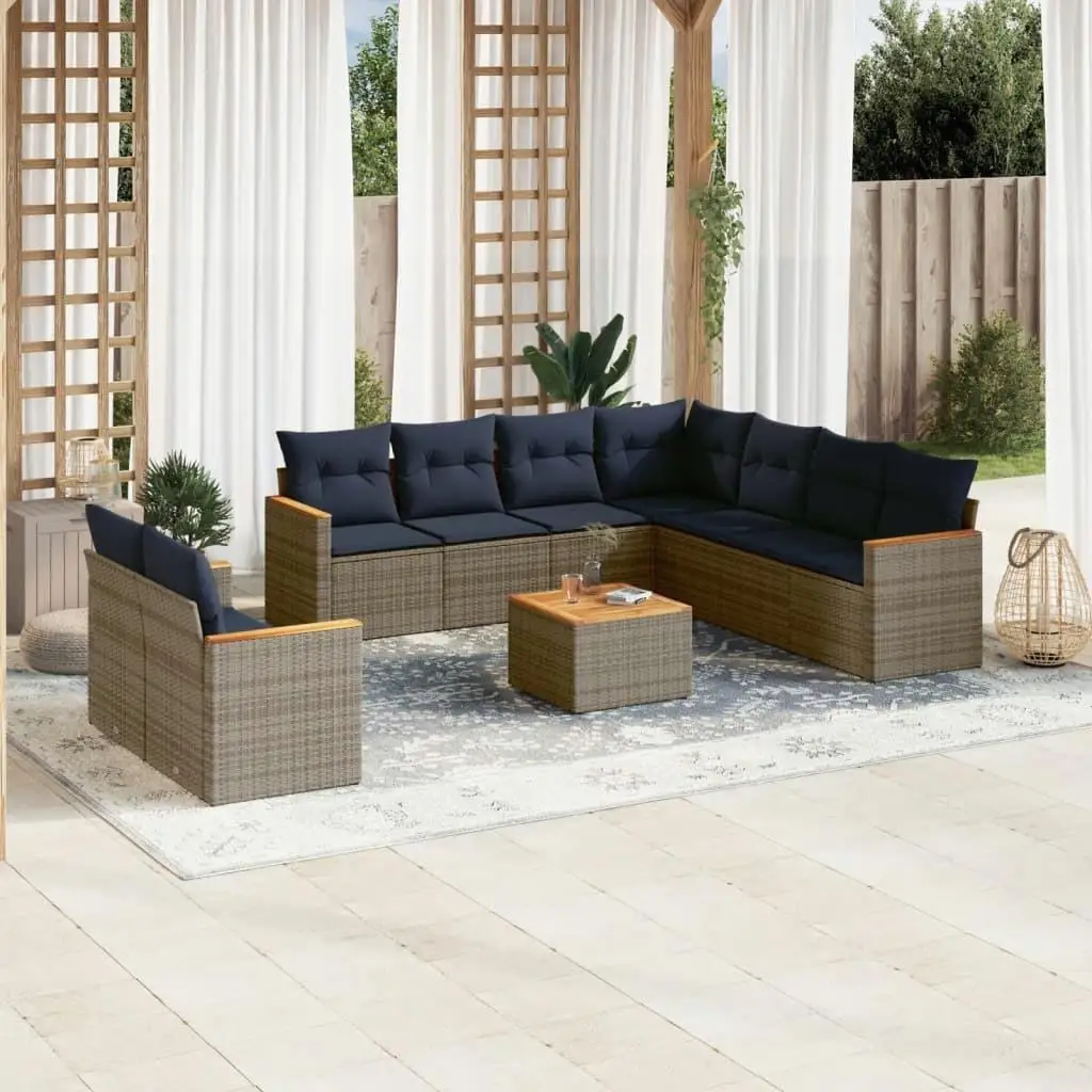 

10 Piece Gray Poly Rattan Patio Sofa Set with Cushions Outdoor Furniture Garden Seating