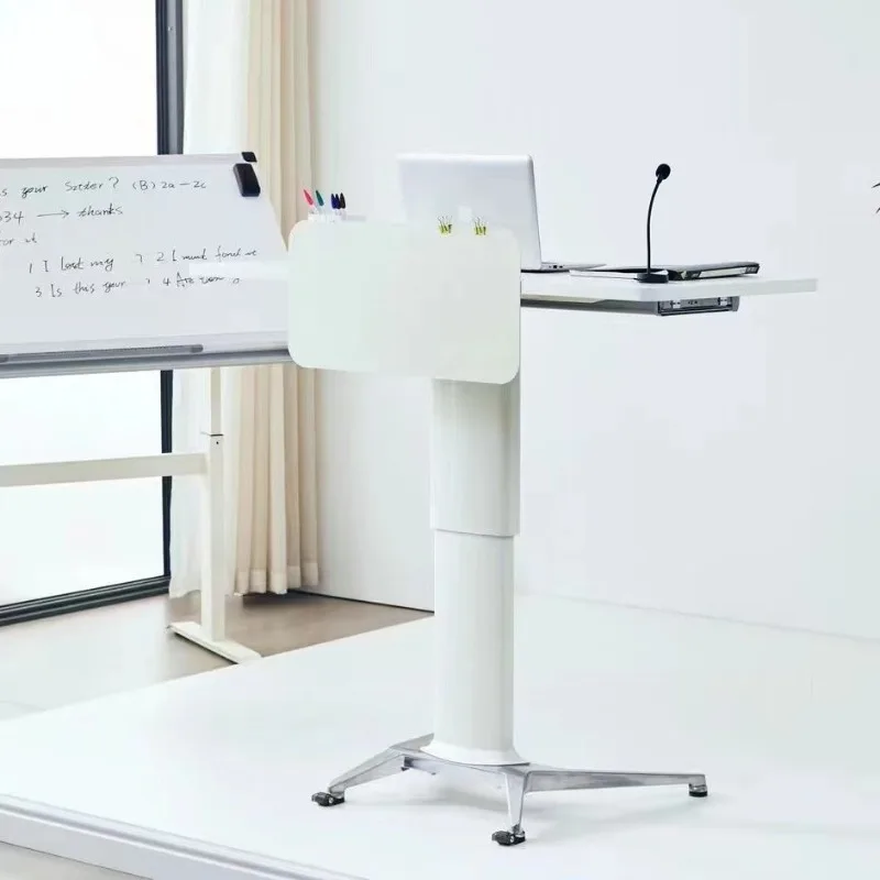 

Большой подъемный офисный стол-трибуна, трибуна, белый съемный небольшой конференц-стол с ящиками, стол-стул