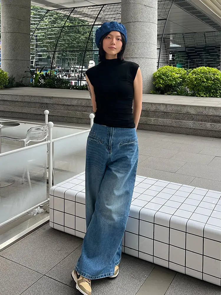 Womens Jeans High Waisted Boyfriend Baggy Loose Wide Straight Leg Casual Blue Denim Pant @ harajuku streetwear y2k korean cloth