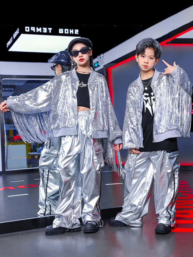 Sequin Tassel Jazz Dance Costume Girls Boys Silver Coat Pants Street Dance Hip Hop Performance Clothes Concert Stage Wear