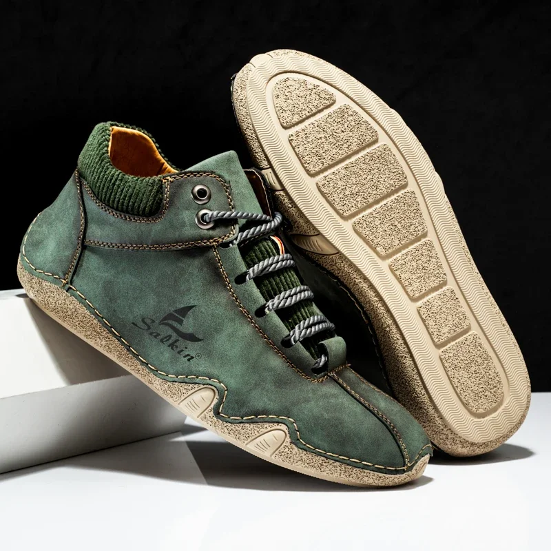 Klassieke Britse Stijl Heren Leren Laarzen Handgemaakte Schoenen Ademende Heren Enkellaarzen Outdoor Casual Laarzen Nieuwe Romeinse Heren Sneakers