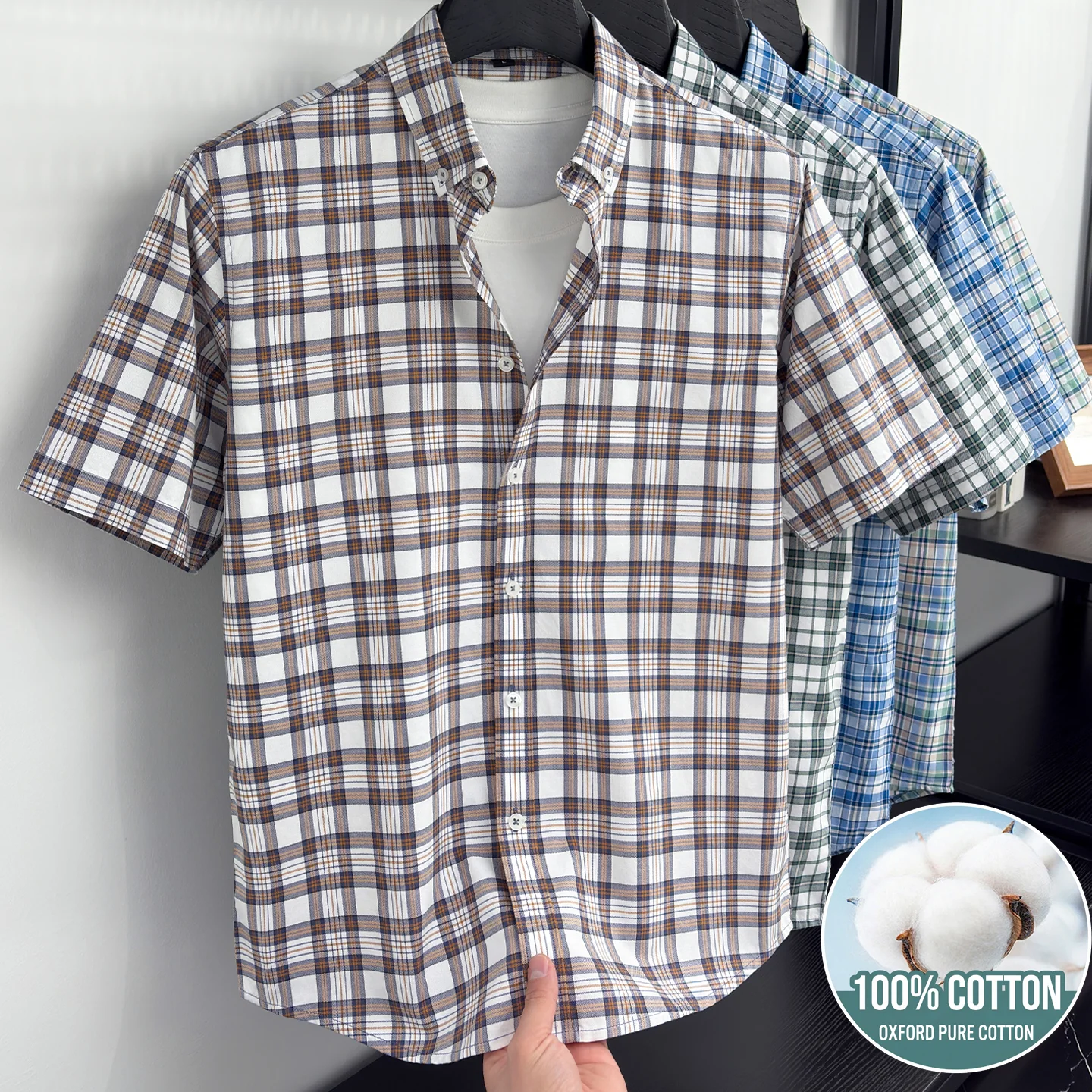 Men 100% Cotton Oxford Shirt Short Sleeve Plaid Check Button Down Collar Casual Work Summer Breathable Tops