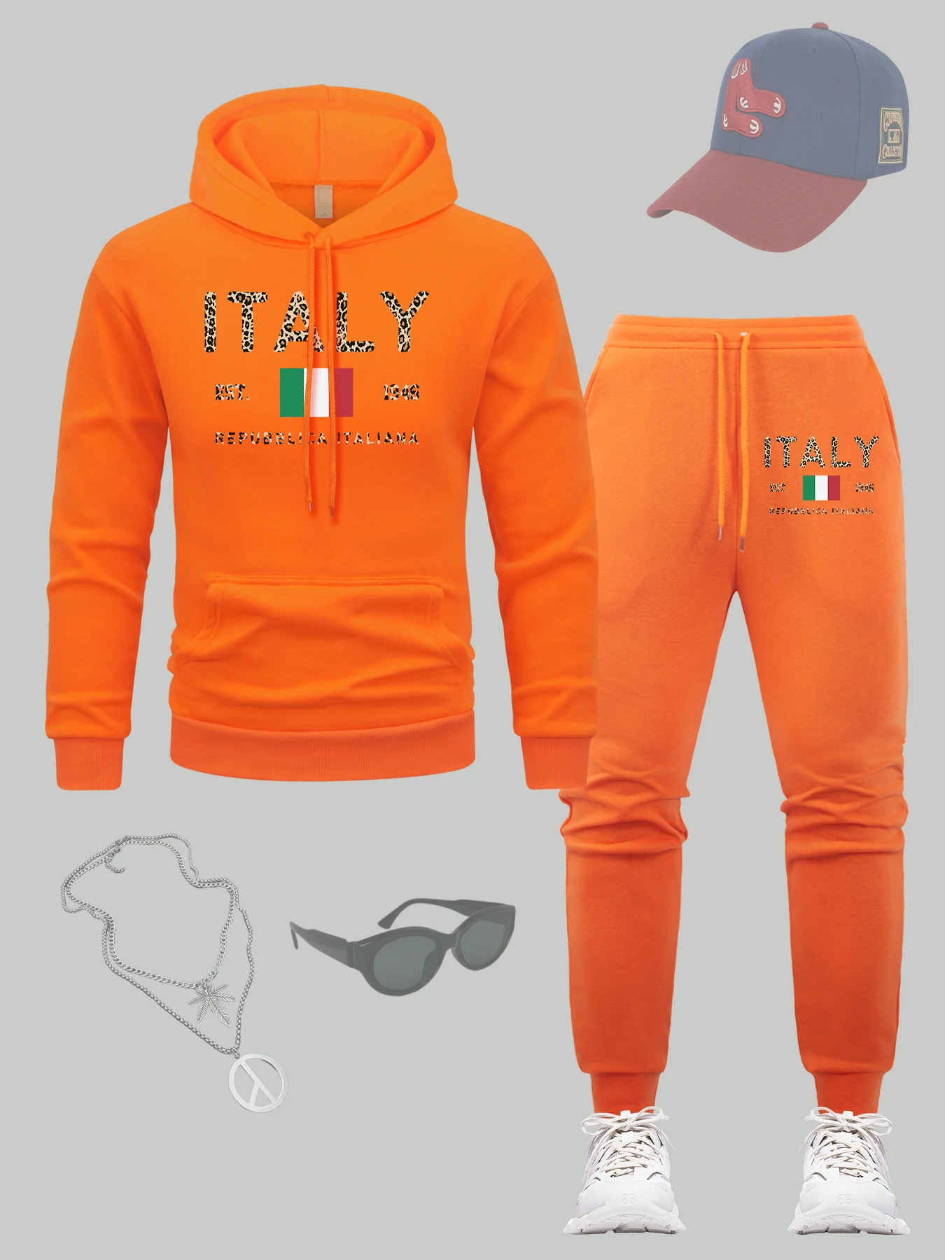 

Italy Est 1946 Art Letter Print Men Hoodie Set Casual Loose Sweatpant Drawstring Fleece Pullover Autumn Pocket Clothing Sets