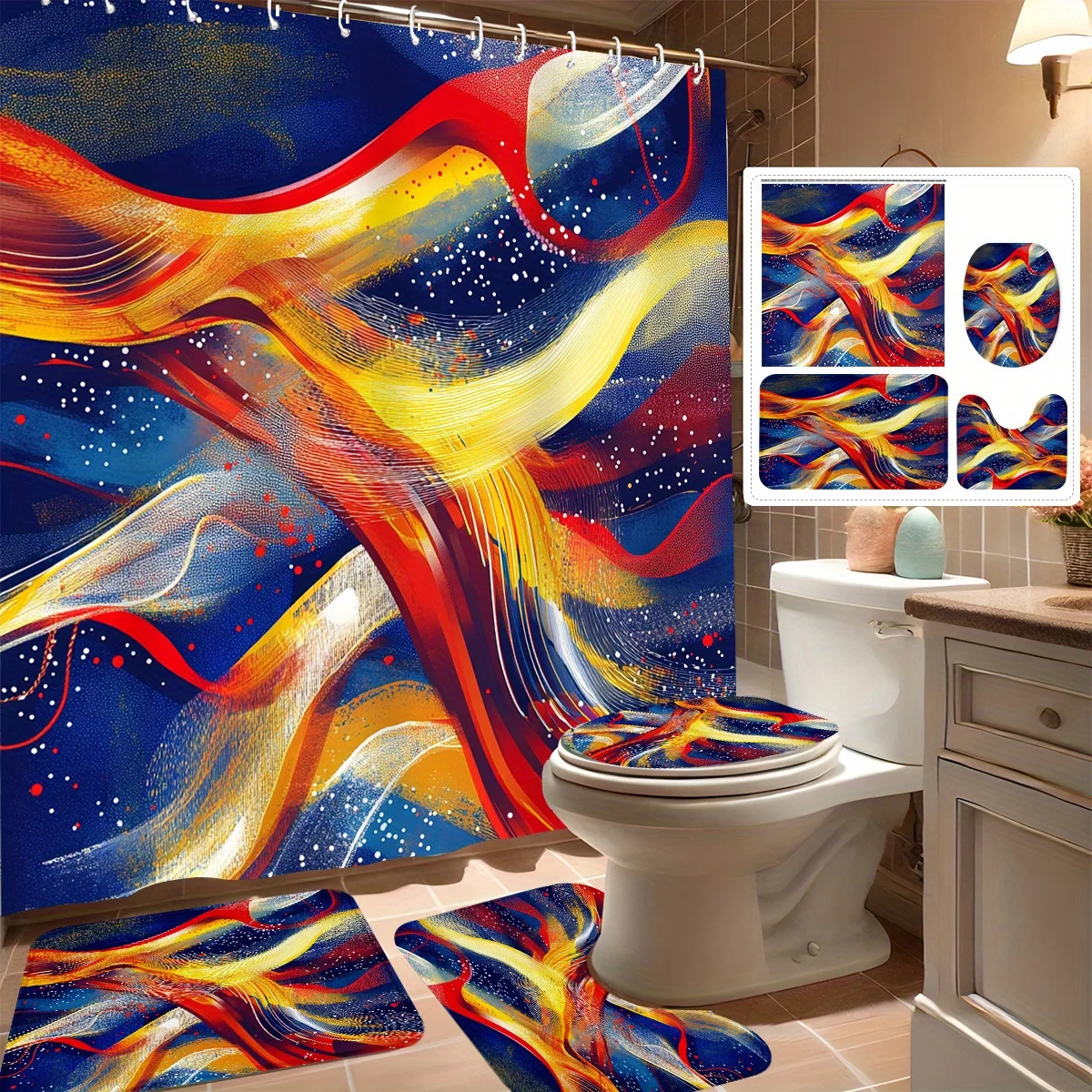 

4pcs Shower Curtain Set, Original Abstract Wave Design, Modern Bathroom Decor, Includes 12 Hooks, Non-Slip Bath Mat, U-Shape