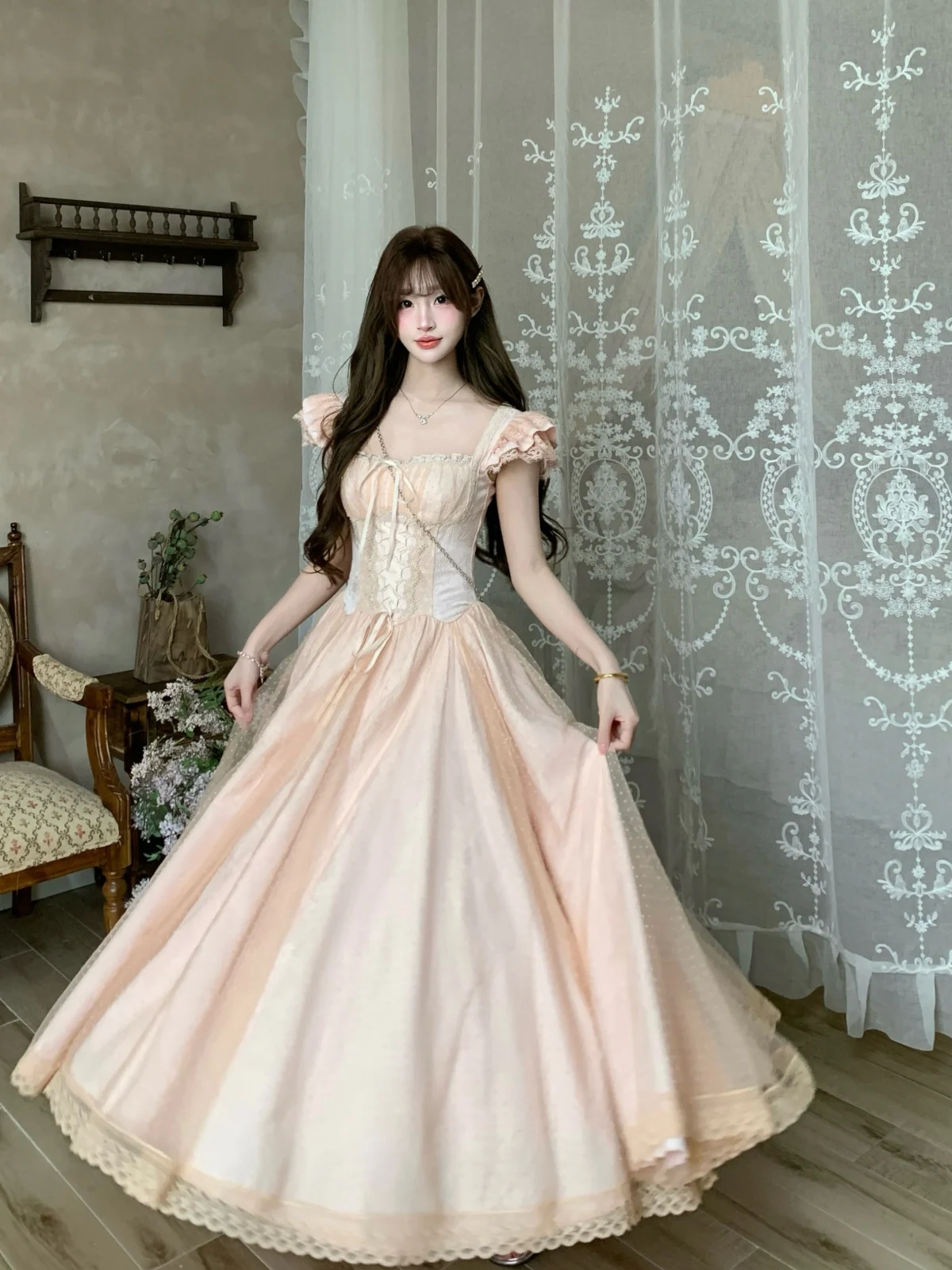 

Musefish Korean Style Sweet Long Dress Pink Polka Dot Lace Skirt Dress Zipper Closure Fly Sleeve for Date And Daily Wear