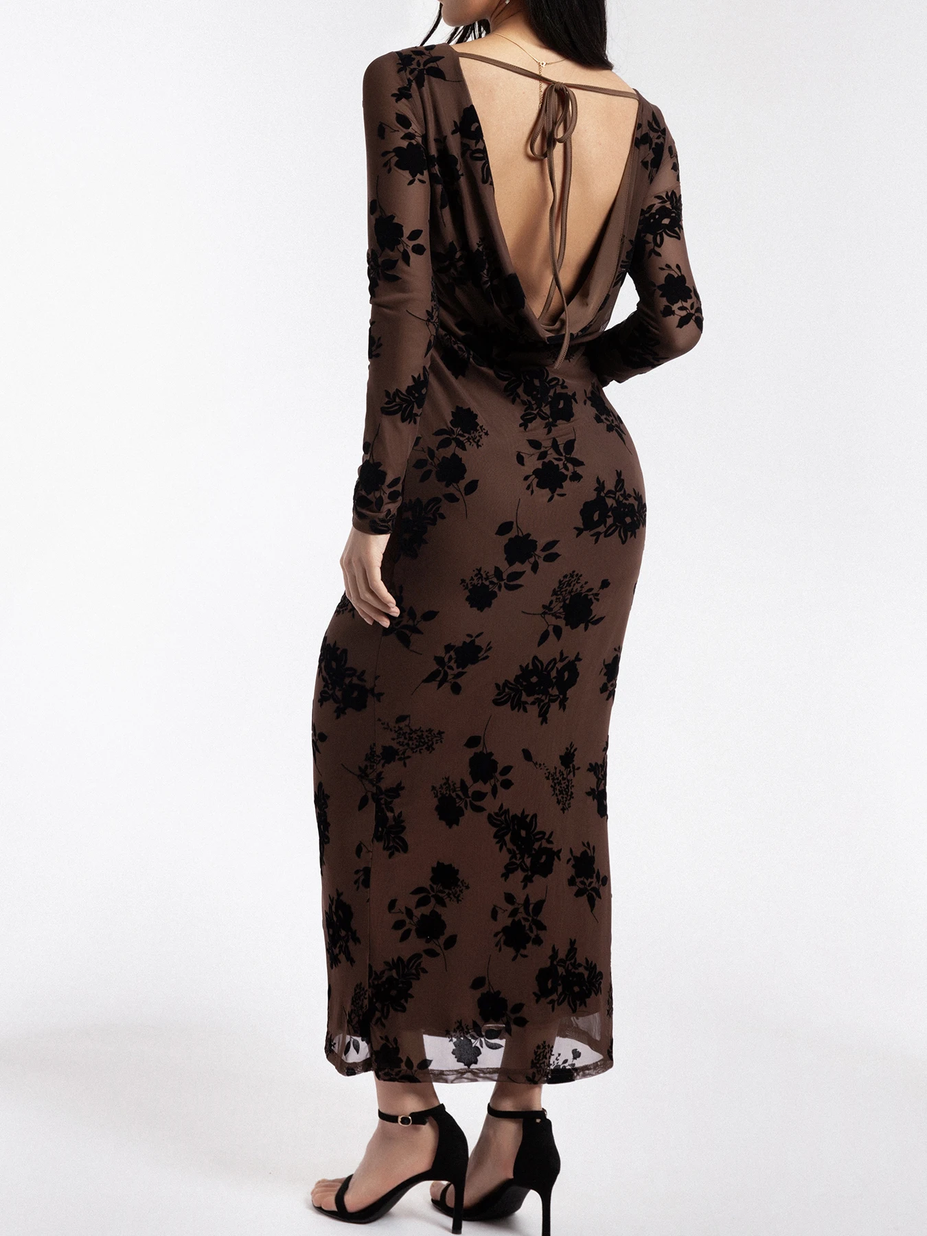 Spring 2025 New Women's Dress Velvet Mesh Floral Print Sexy Backless Gown Fashionable Elegant Long Dresses Women's Clothing