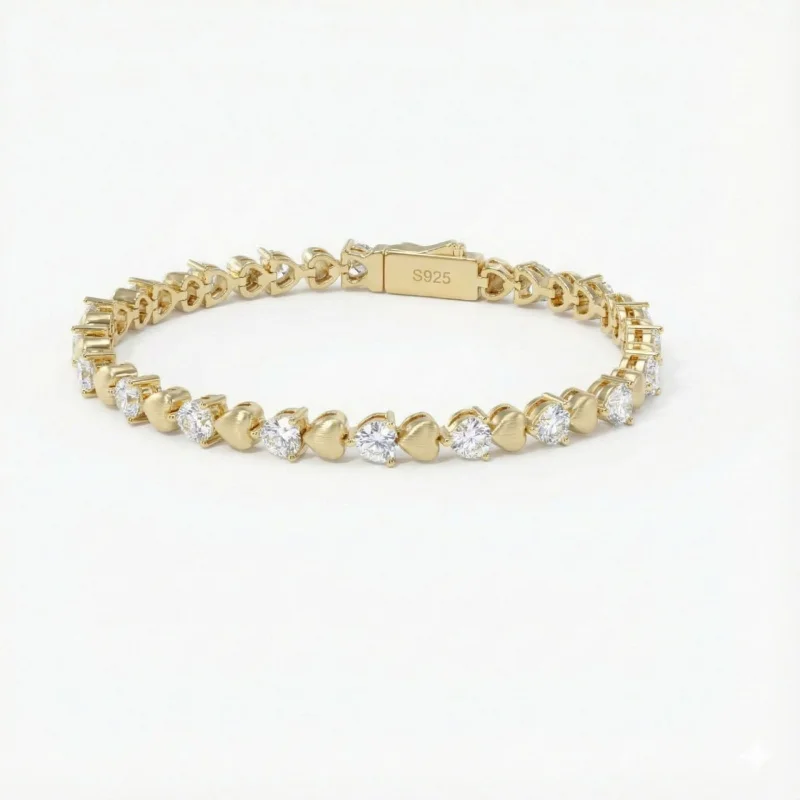 Lab-Grown Diamond Heart-Shaped Brushed Finish Love Charm Bracelet  S925 Sterling Silver Plated 18K Gold with Moissanite, Custom
