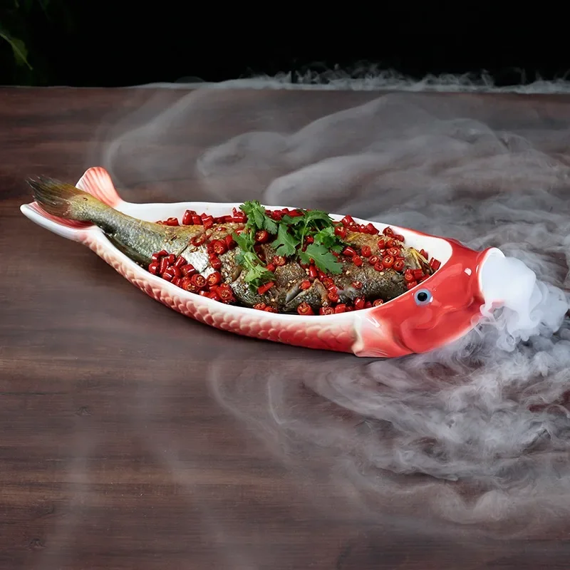 Creative Home Hotel Ceramic Dry Ice Smoking Atmosphere Hot Pot Tableware Featuring Fish Shaped Plates