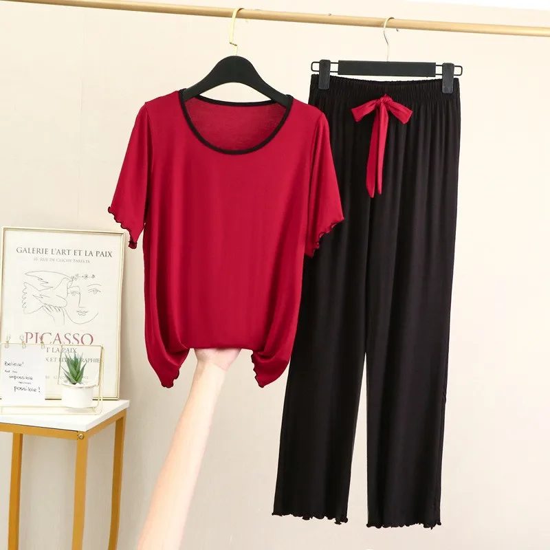 Fdfklak New Modal Loose Home Wear Pijamas Women Short-Sleeved T-Shirt Bow Trousers Suit Casual Two-Piece Pajamas Set