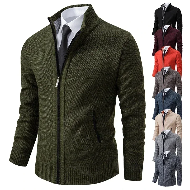 2024 Autumn and Winter New Jersey Men's Casual Sports Coat Solid Color Stand Collar Sweater Grab Fleece Warm Zipper Cardigan