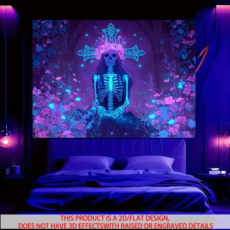 VIKAMA Wall Tapestry Dark Sweet Cool Skeleton Tapestry Black Light Lamp Pink Purple Flower Printing Print Tapestry Hanging