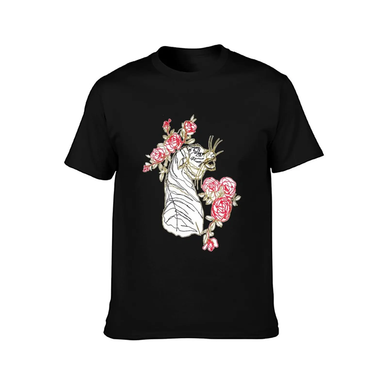Tiger and red roses ambidextrous line drawing T-Shirt Gym Wear Breathable Short Sleeve Tee T-Shirt