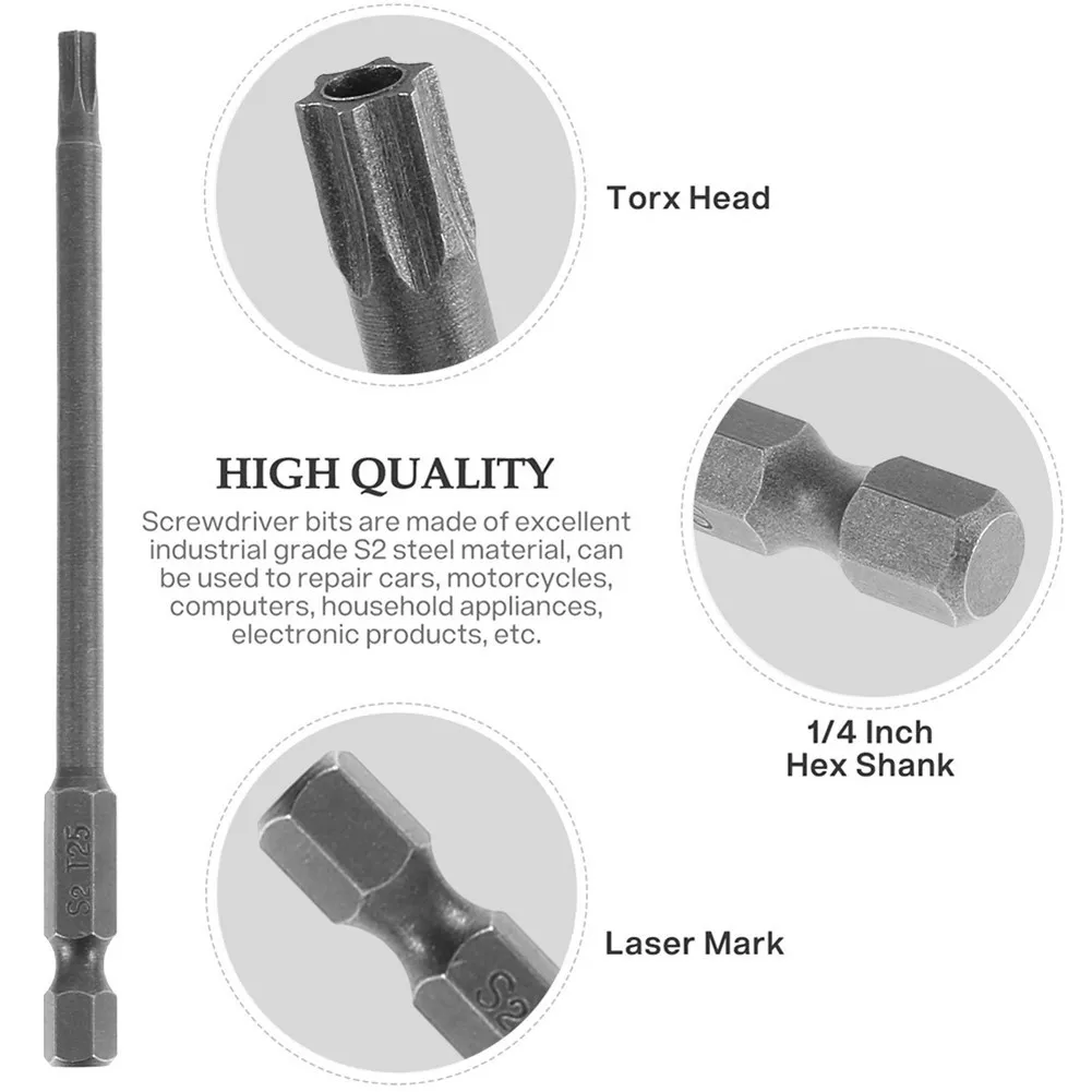 

Extra Long Screwdriver Head T6-T40 11pcs Hollow Kit Magnetic Replace Screws Security Set Repair 1/4\" Hex Torx