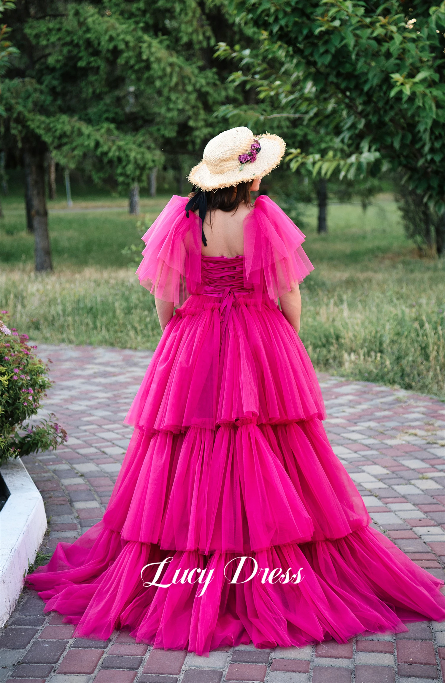 Lucy-vestido de graduación rosa roja para mujer, vestido de fiesta de cumpleaños en capas, línea A, malla de lujo, elegante, vestidos de noche para mujer