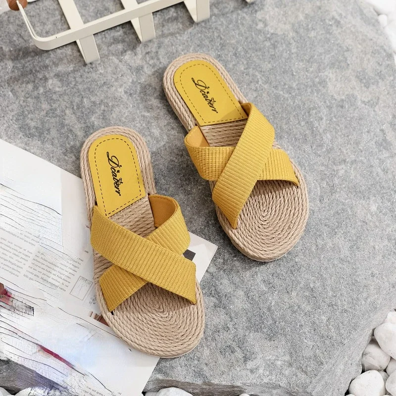 Ladies New Slippers Summer Cross Drag Fashion Hemp Rope Outer Wear Slippers Casual Sandals and Slippers