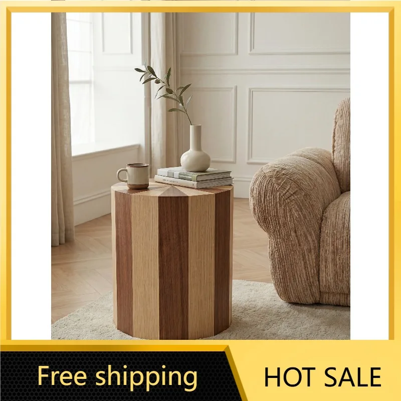 YJ Modern Minimalist Round Wooden Side Table Geometric Color‑Block Design Corner Table For Living Room Home Decor