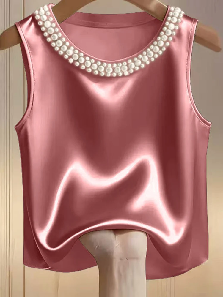 Ladies' Spring/Summer New High end Solid Color Pearl Round Neck Sleeveless Satin Top Tank Top