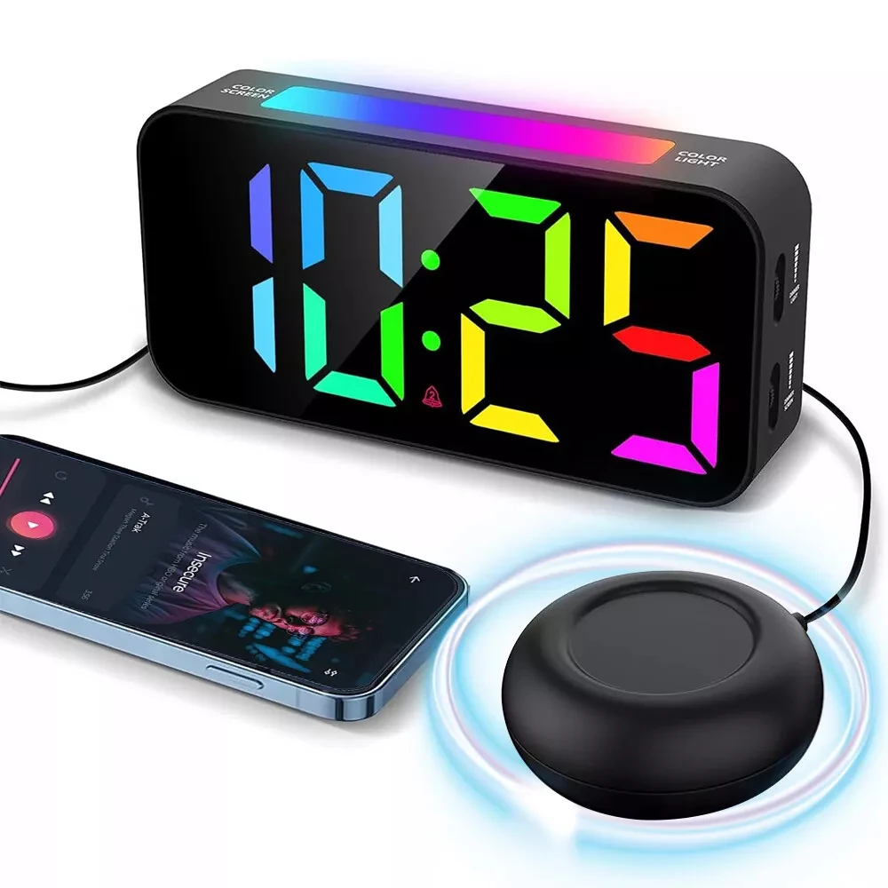 

LED Vibration Loud Alarm Clock for Heavy Sleeper Battery Powered Deep Sleep Awaking Alarm Clock RGB Light Time Reminder