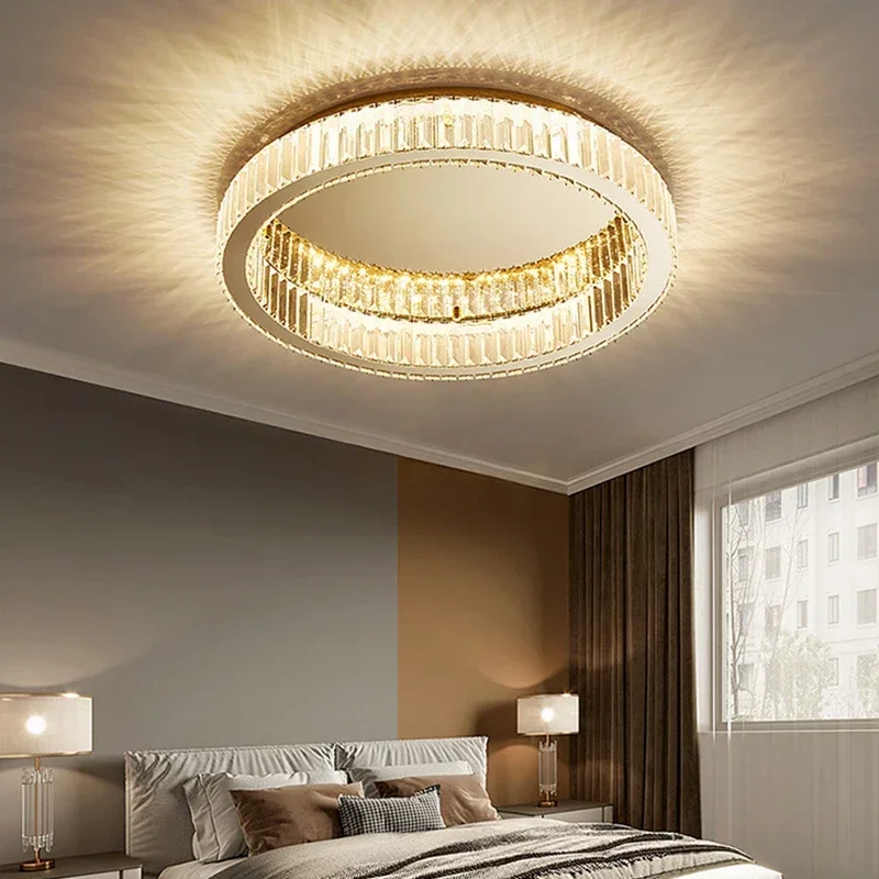 Round LED Crystal Ceiling Chandeliers Lighting for Living Room Bedroom Home Indoor Decor Lampara techo Gold Silver Lustre Lamp