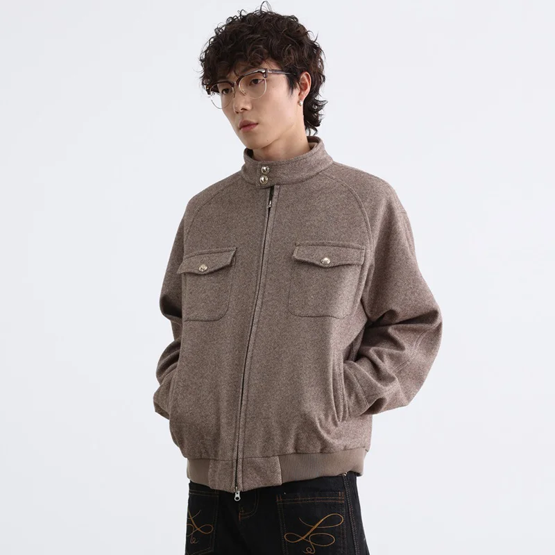 

Autumn Herringbone Cargo Jacket Men and Women Japanese Korean Streetwear Vintage Fashion Woolen Short Coat Bomber Jacket