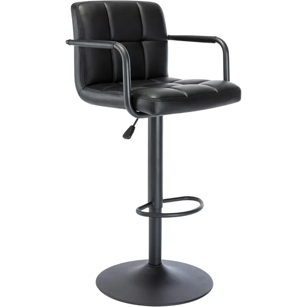 Modern PU Leather Square Bar Stool, Adjustable Swivel Barstool with Back and Arms, Airlift Counter Height Chair