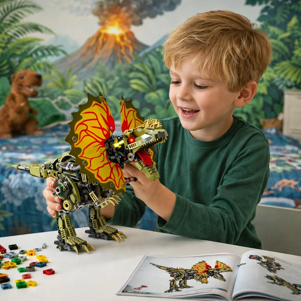 

MOC Mechanical Dilophosaurus 1277pcs Building Blocks Dinosaur Linkage Model Light Home Decor Ornament Jurassic Gift For Kids