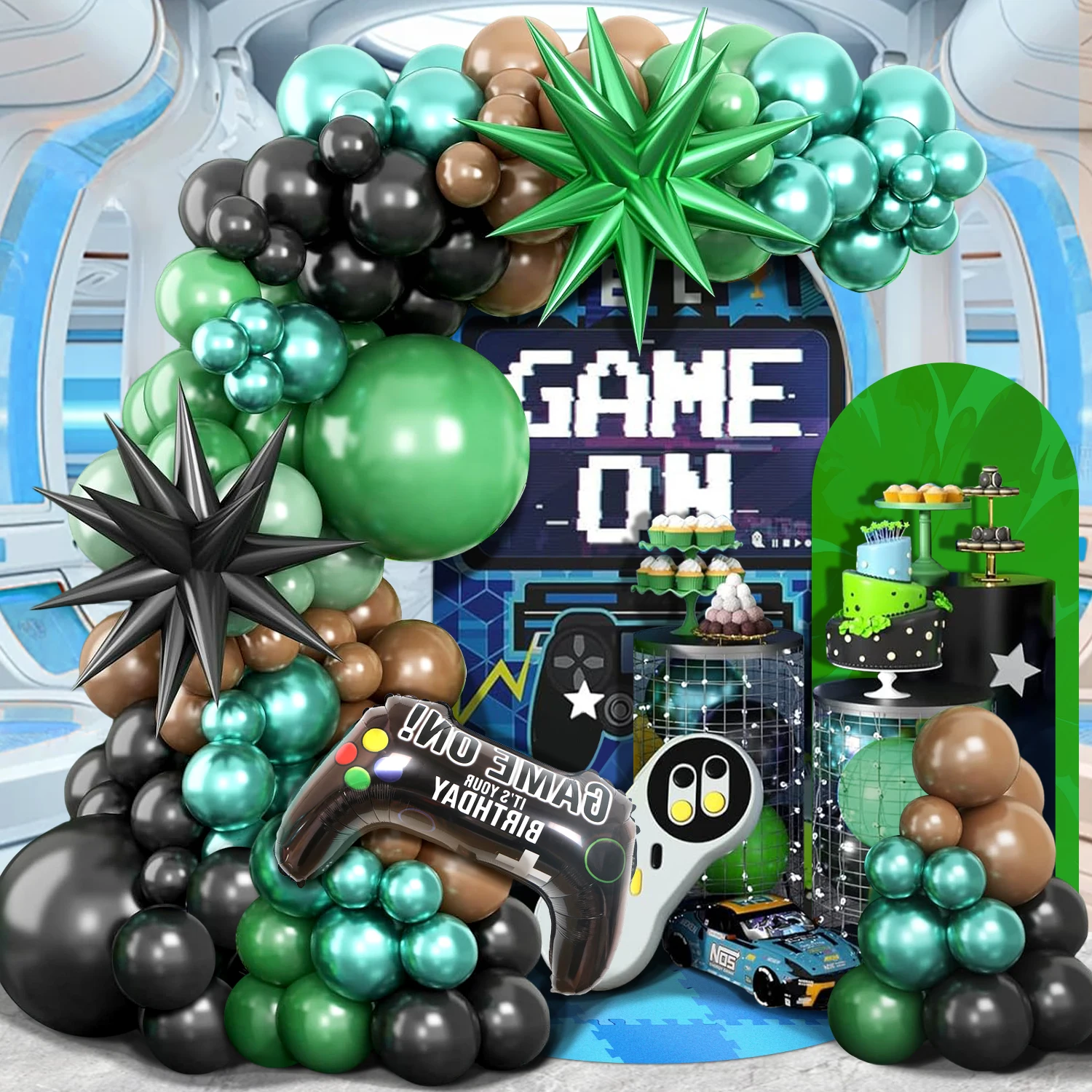 Juego de guirnaldas de globos con temática de videojuegos, 107 piezas, en verde y negro, con estrellas explosivas verdes y negras y controlador de videojuegos de aluminio