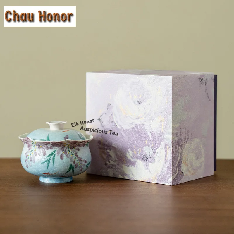 90ml Wisteria Starry Sky Blue Gaiwan Japanese Tea Tureen Tea Bowl With Lid Kit Tea Maker Cover Bowl Kung Fu Tea Set Ornaments