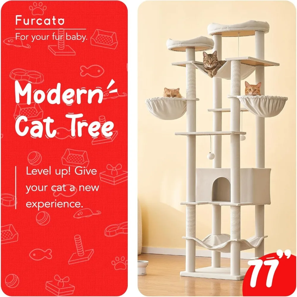 77-Inch Modern Tall Cat Tree for Indoor Cats, Multi-Level Large Cat Tower with 4 Hammocks, 2 Padded Perches, Large Cat Condo, Si