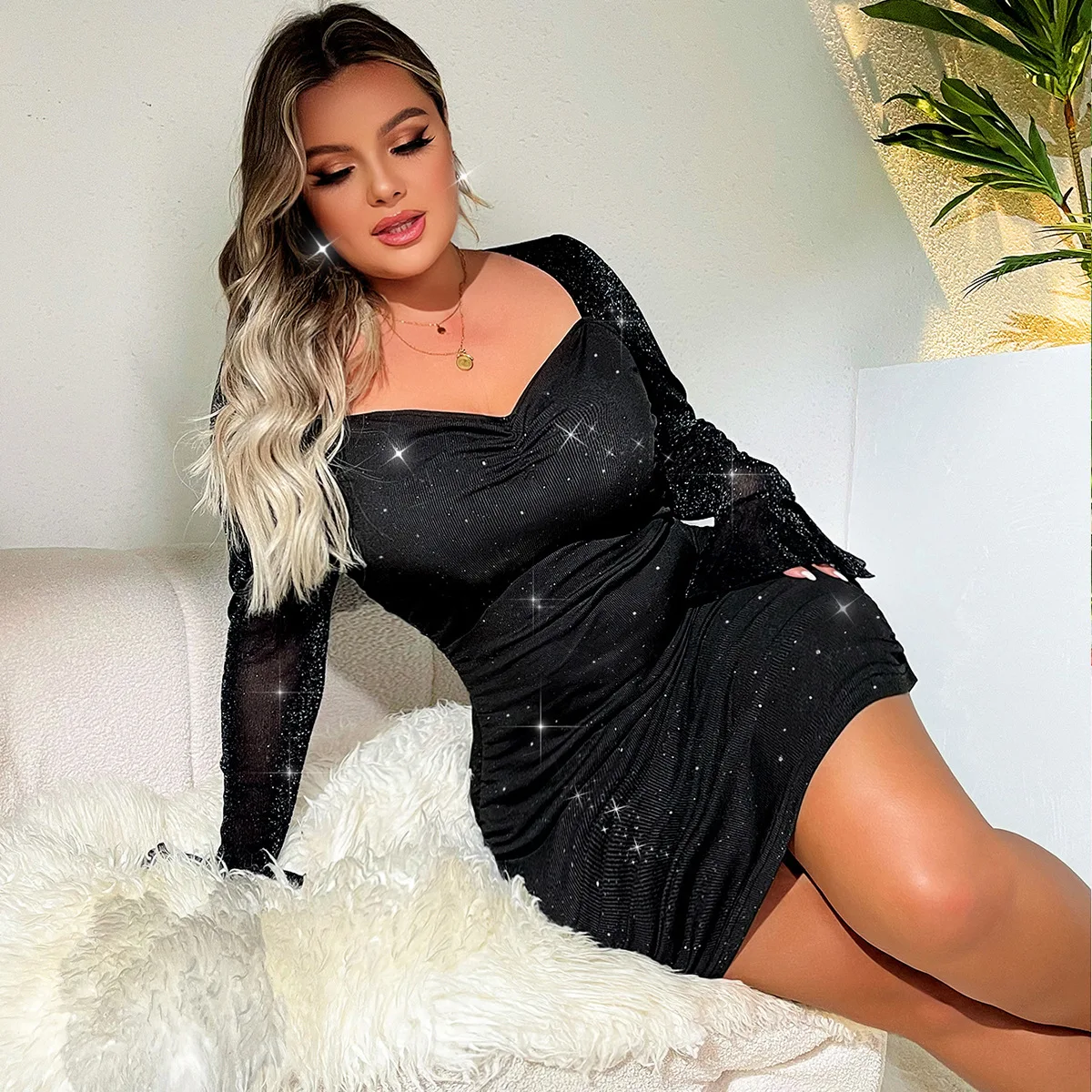 

Y2g Lady Vintage Ruffle Sleeve Shiny Mesh Patchwork Waist-Slimming Pleated Dress