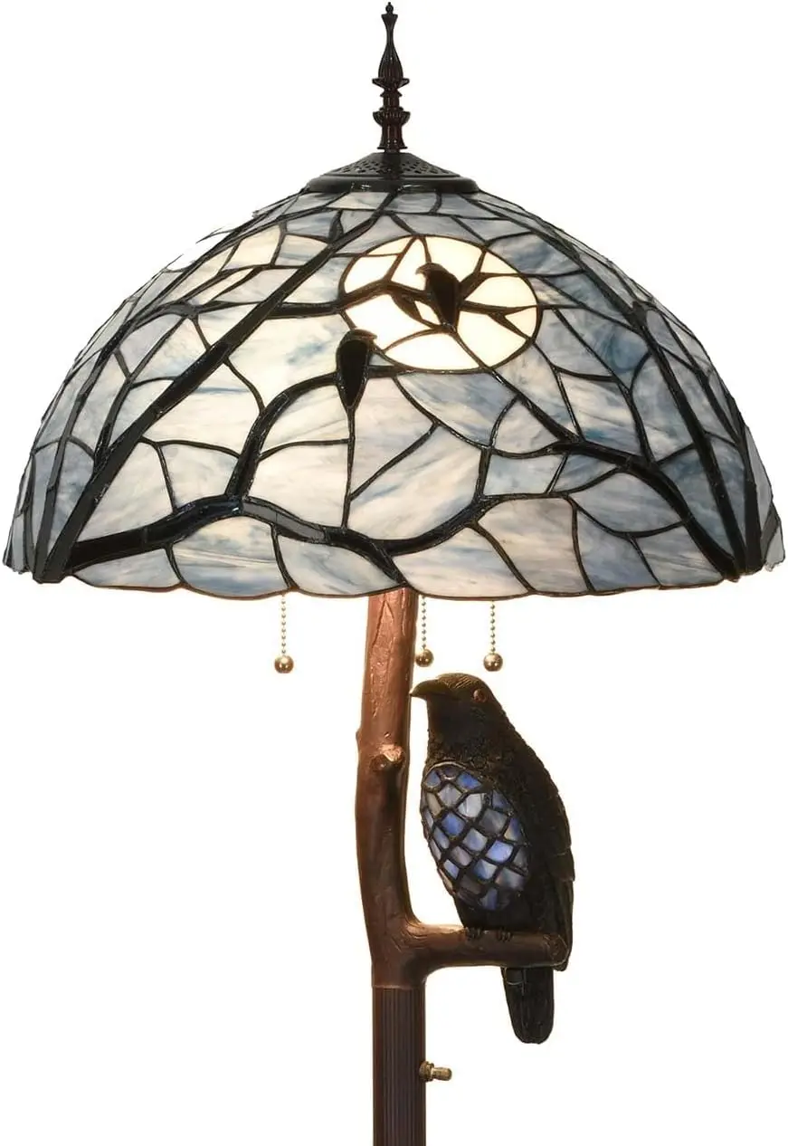 Bieye L10882 Ravens Sitting On Bare Tree Branch Against Full Moon Tiffany Style Stained Glass Floor Lamp With Raven Night Light