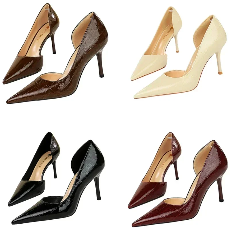

Женские винтажные туфли-лодочки из лакированной кожи на высоком каблуке 8 см, новые вечерние туфли-лодочки, модные классические коричневые вечерние туфли с острым носком по бокам