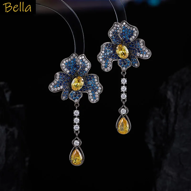 zirconia flower earrings blue pink fushia jewelry dinner party wedding dangling earrings for women daily wear jewelry