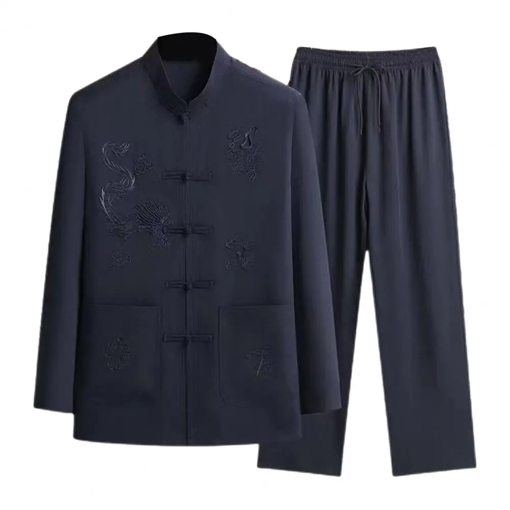 Drawstring Waist Pants Chinese Tang Suit Men's Shirt Pants Set with Stand Collar Single-breasted Design Wide Leg Trousers