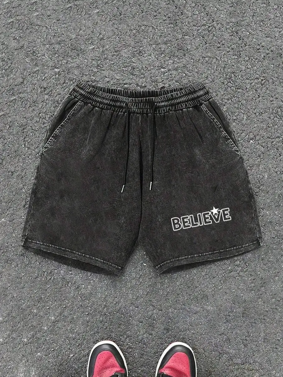 

Vintage Print Loose Fit Mens Shorts With Elastic Waistband And BELIEVE Star Design