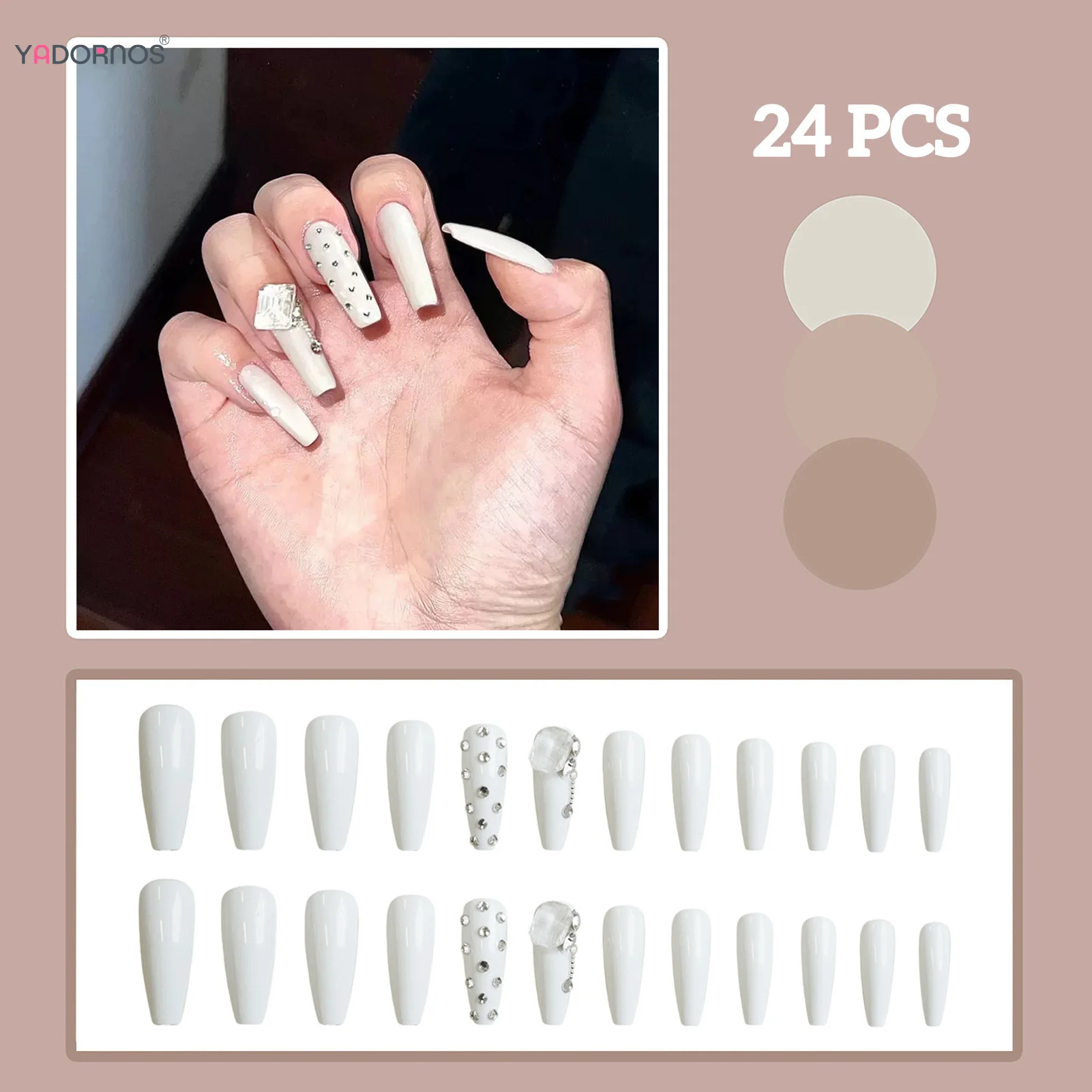 Solid White Press on Nails Long Coffin Wearable Fake Nails Simple Diamond Designs Women Bride Wedding Charms Nails Arts Tips