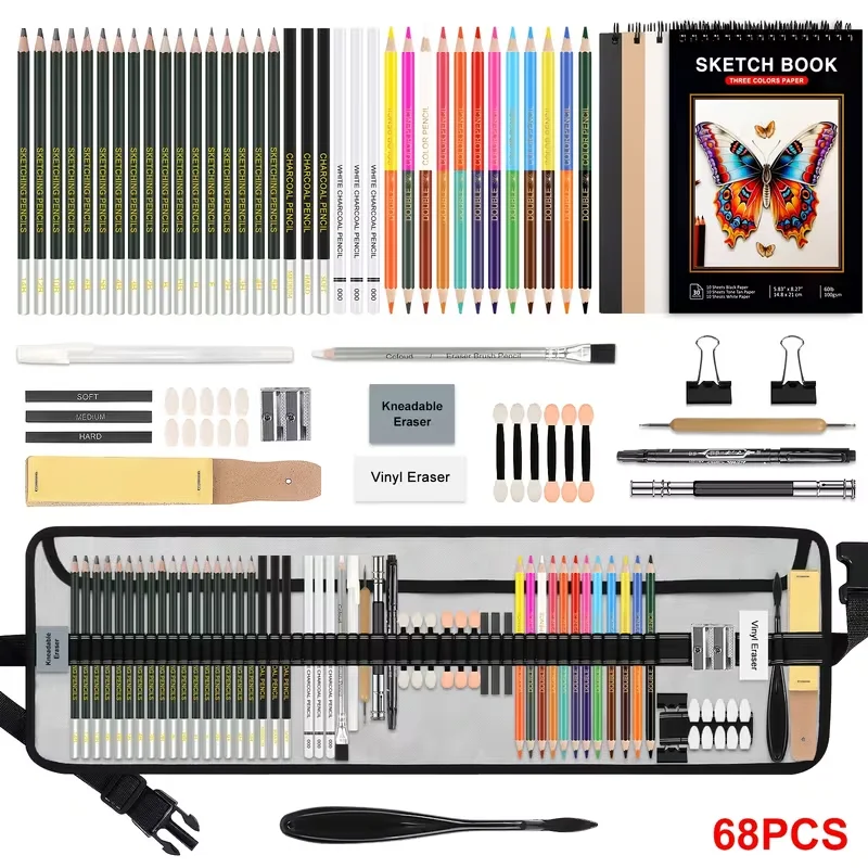 38/60/68pcs Sketching Pencil Set | Graphite, Charcoal, Blending Tools, Double Color Pencils for Professional Artistic Use