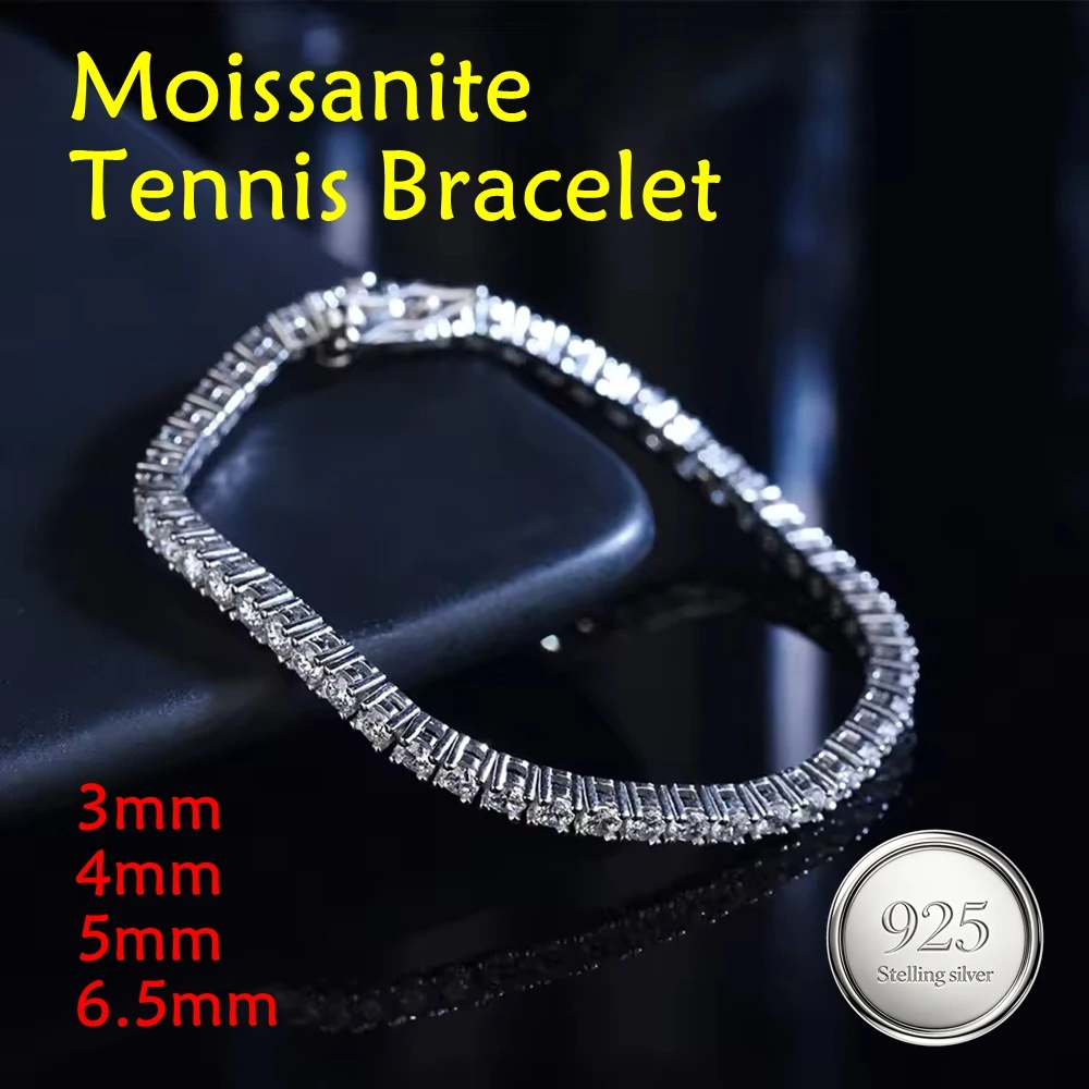 3-6.5mm D Color VVS1 Pass Diamond Test Round Cut Moissanite Tennis Bracelet S925 Sterling Silver Jewelry for Women