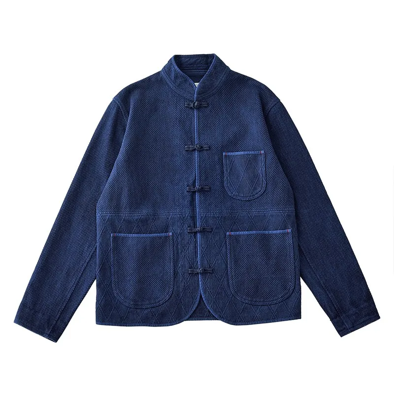 High Quality Men's Plant Blue Dyed Chinese Style Long Sleeve Jacket Casual Coat