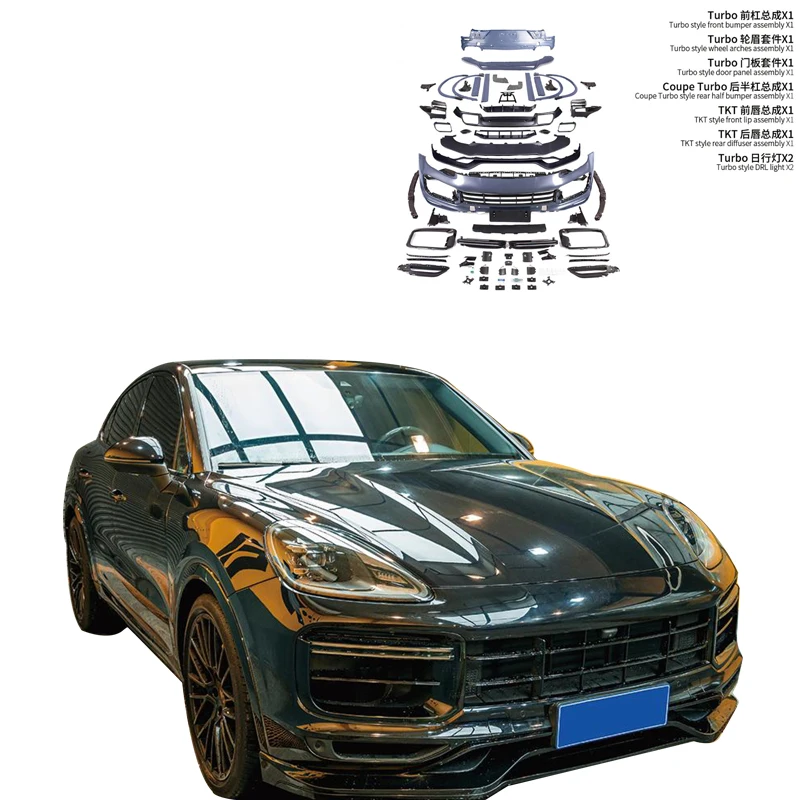

Suitable for Porsches Cayenne 2018-23 Revamped Coupe Turbo+TKT Style Body Kit with High Quality Front and Rear Bumpers