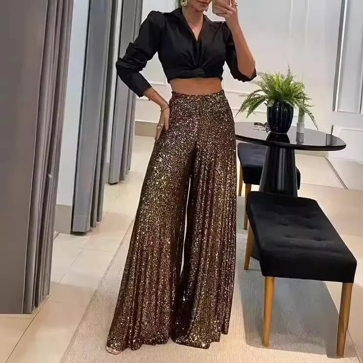 2026 New Fashion High Waist Sequined Flare Pants Women Spring Casual Loose Solid Color Home Long Wide Leg Pants Women