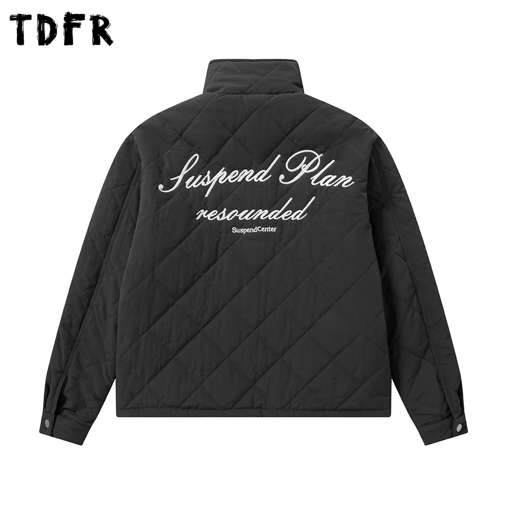 

Letter Embroidery Quilted Jacket Mens Winter Retro Cargo Spliced Stand Collar Loose Long Sleeve Rhombus Plaid Padded Jacket Man