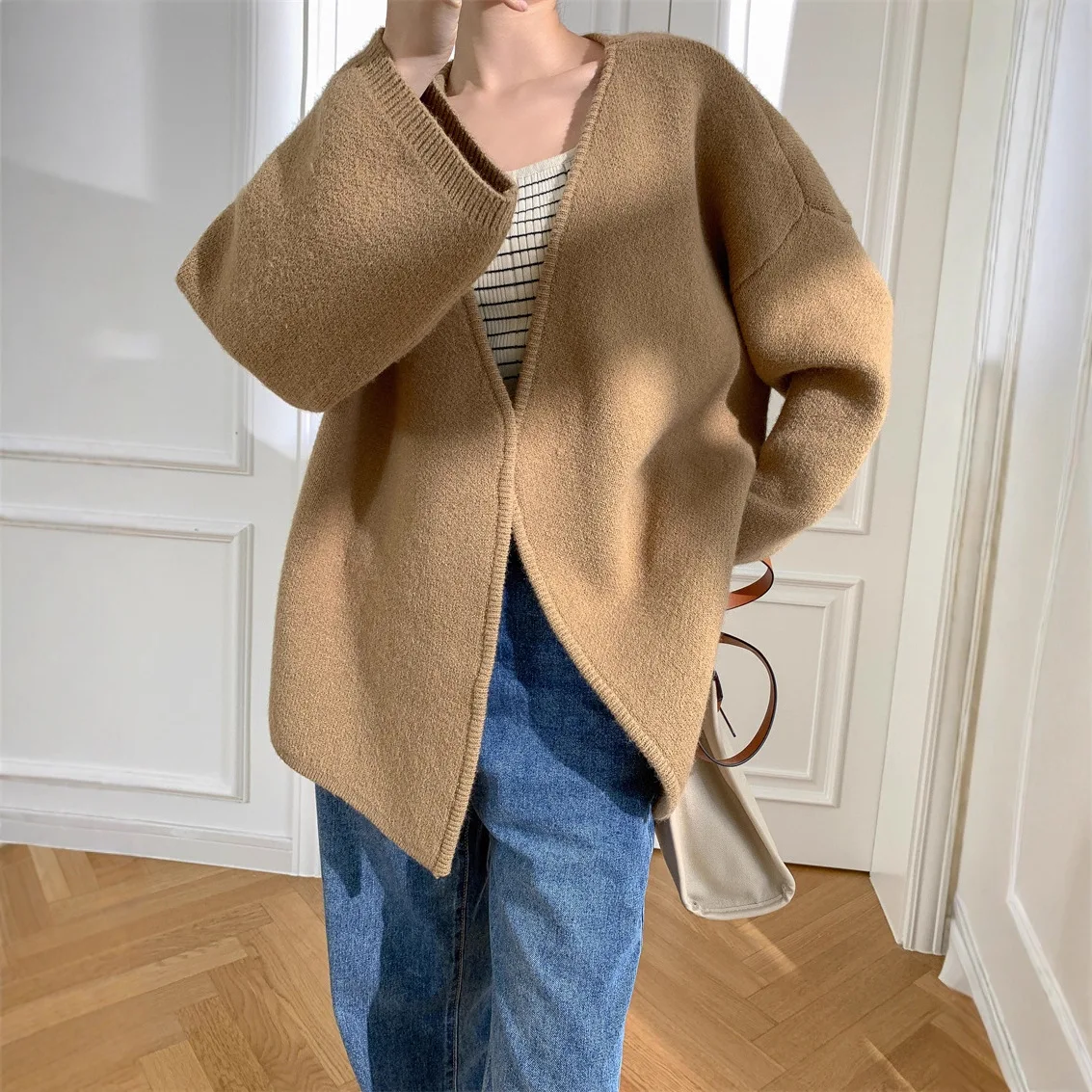 

Women Knitted Cardigan Sweaters Short Jumpers Solid V Neck Long Sleeves Open Stitch Loose Fit Thick Casual 2025 Autumn Winter