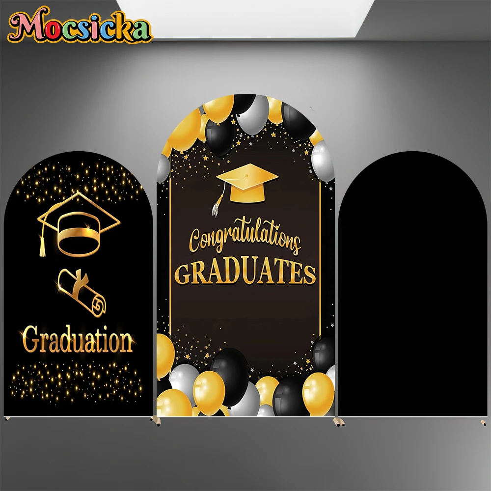 

Mocsicka Graduation Arch Cover Background 2025 Black Gold Bachelor Hat School Student Photo Balloons Party Decor