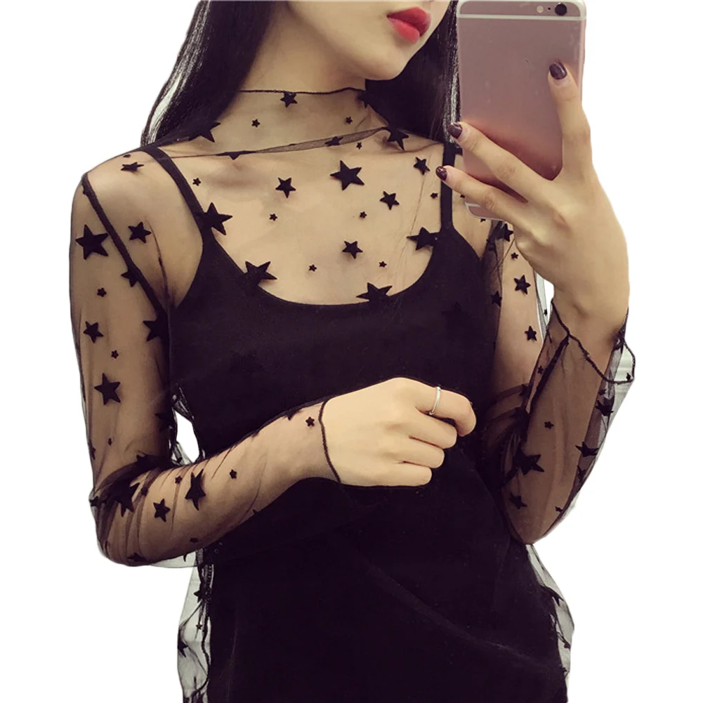 Sexy Black Mesh Top Perspective Woman T Shirts Long Sleeve Summer Sling Smock Korean Style Summer Sun Protection Clothing
