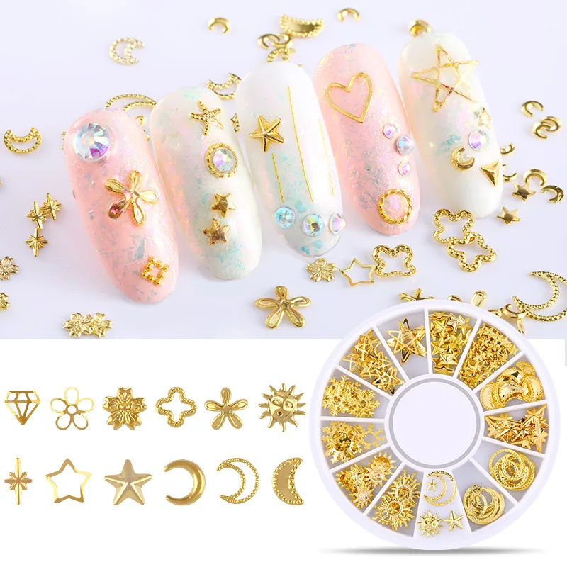 12 griglie 3D rivetto in metallo dorato moderno luna stelle piuma croce decorazione nail art borchie in lega ciondoli manicure accessori fai da te