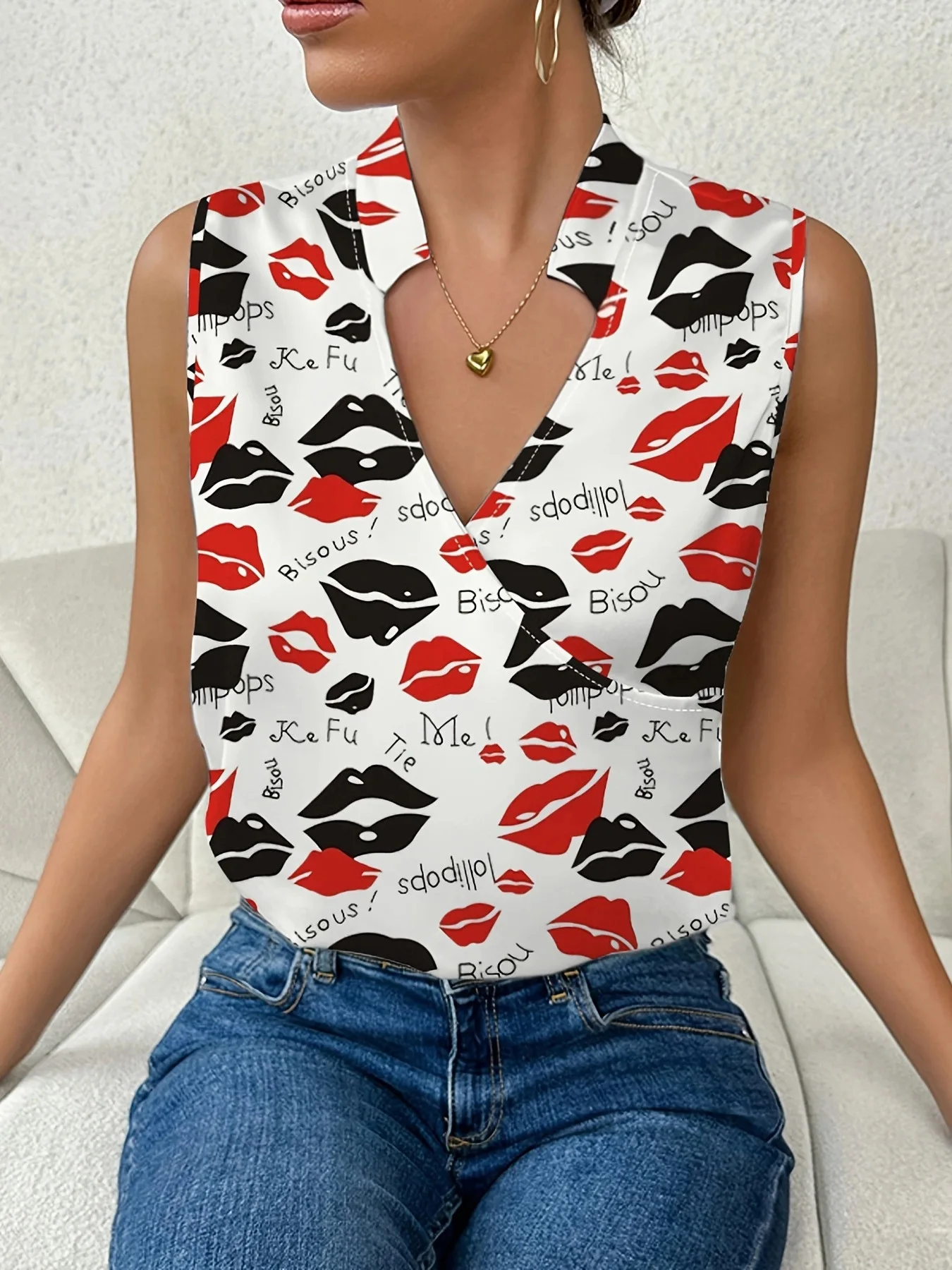 2024 Summer Casual Print Shirts & Blouses Blusas Para Mujer Loose Sexy V-Neck Sleeveless Floral Flowers Camisas Ladies Tops