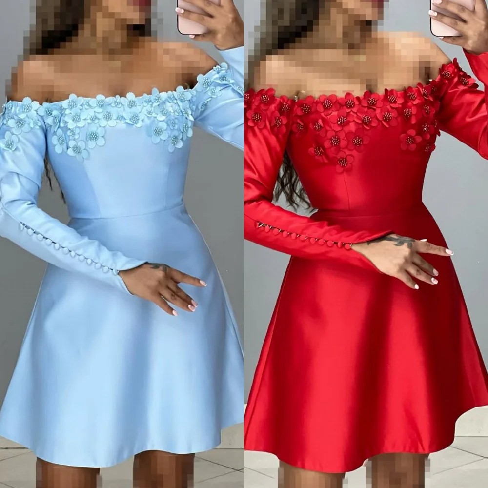 カスタマイズされたモダンなスタイルのクラシックな手作りフラワービーズボタンAラインオフショルダーミニドレスオーダーメイドオケージョンドレス